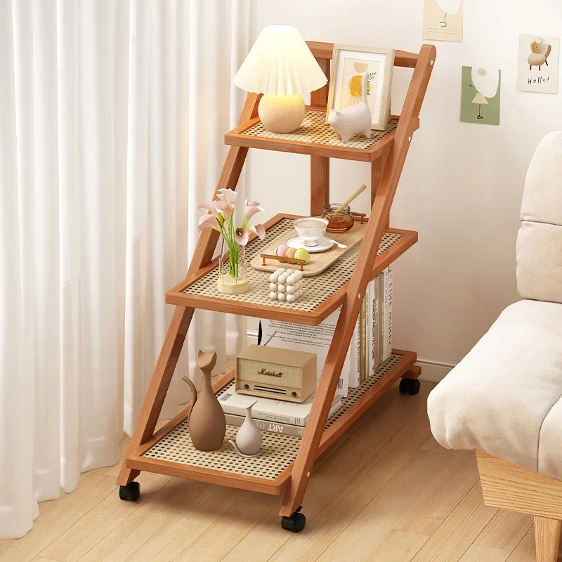 End Table with 3-Tier Storage Shelves Adjustable End Table with Wheels Rolling Bedside Wheels for Living Room Bedroom