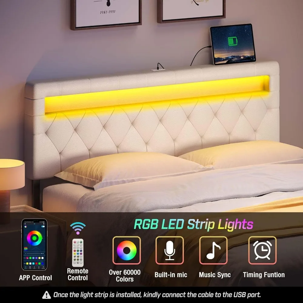 Headboard for Full Size Bed with 60,000 DIY Color of LED Light, USB & Type C Post, Attach Frame, Height Adjustable, White Leathe