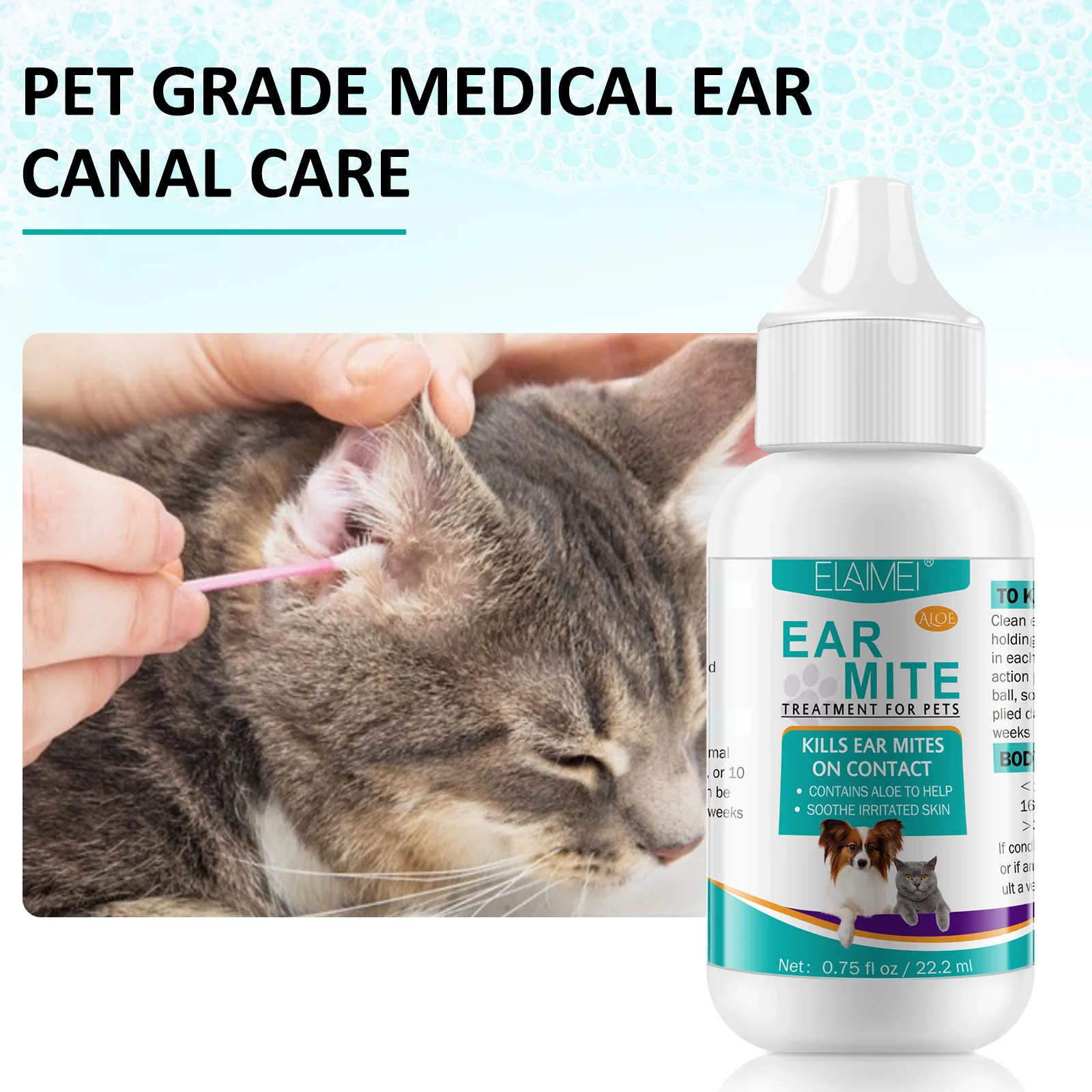 22ML Pet Aloe Ear Mite Oil Repel Ear Mites ANTI-FUNGAL ANTI-MICROBIAL Earwax Ear Cleanser for Dogs and Cats