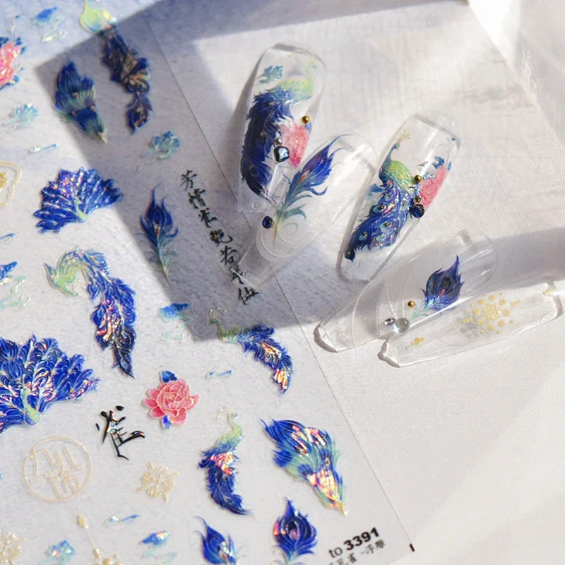 Luxury Peacock Feather Phoenix Crane Auspicious Clouds Chinese God Deer Lotus Flowers Totem Nail Art Stickers DIY Manicure Decal 4