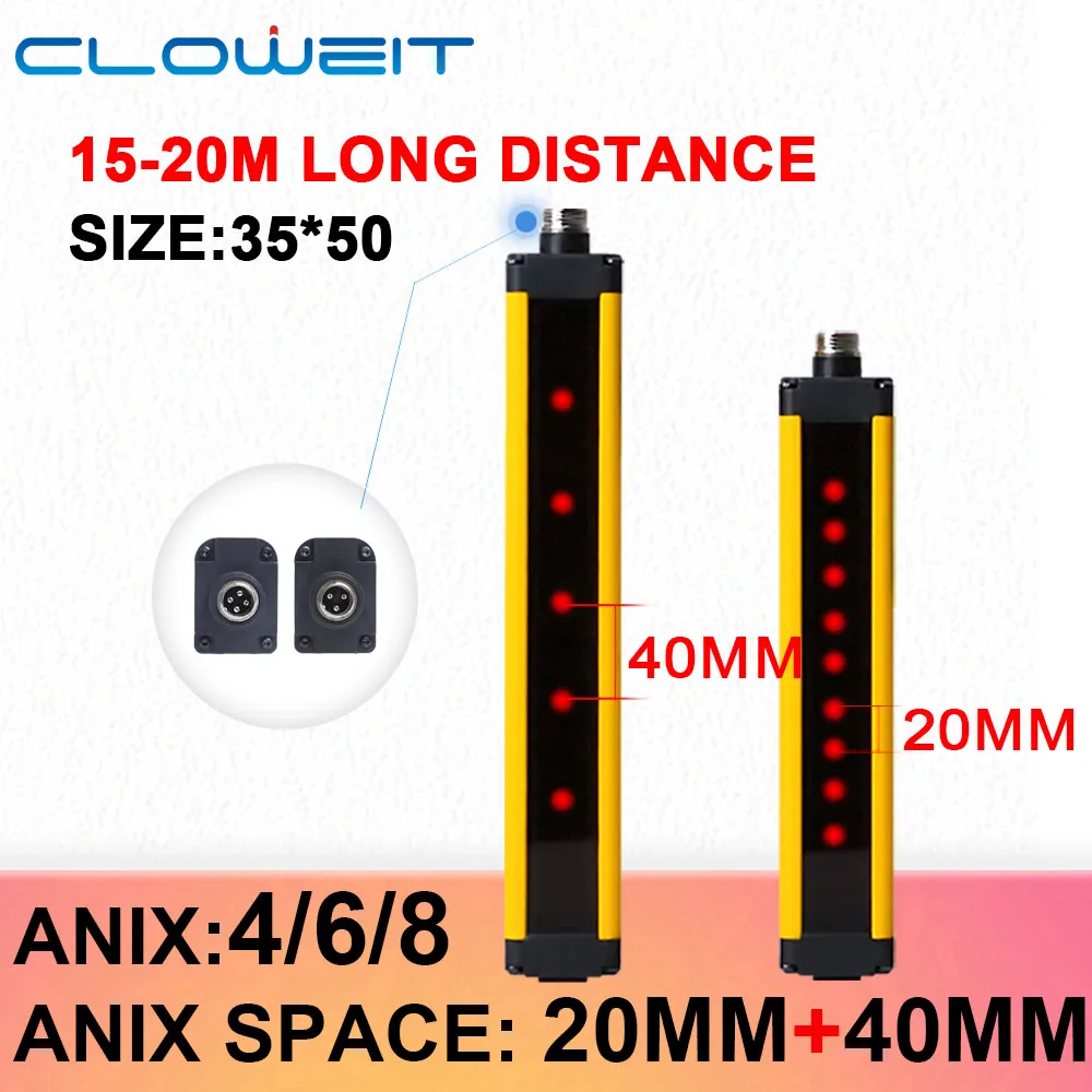 

Cloweit Safety Light Curtains 4/6/8 Beams 20+40mm Space Protection 3m 5m 10m 15m 20m Long Detection Customize Photo Sensor APS50