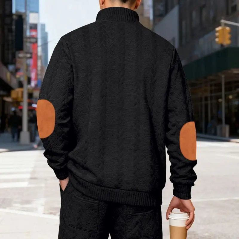 Men's Waffle Knit Quarter Zip Pullover with Contrast Trim and Elbow Patches Casual Long Sleeve Sweater
