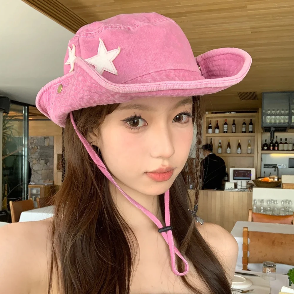 Hot Sale Punk Stars Bucket New Summer Y2K Star Pink Retro Big Brim Outdoors Sun Protection Girl Cowboy Hat Casual Jazz Cap_senzul.com