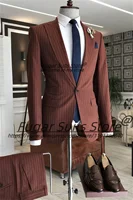 Wine Red Stripe Wedding Suits For Men Slim Fit Peak Lapel Groom Party Tuxedos 2 Pieces Sets Business Male Blazers Costume Homme 1