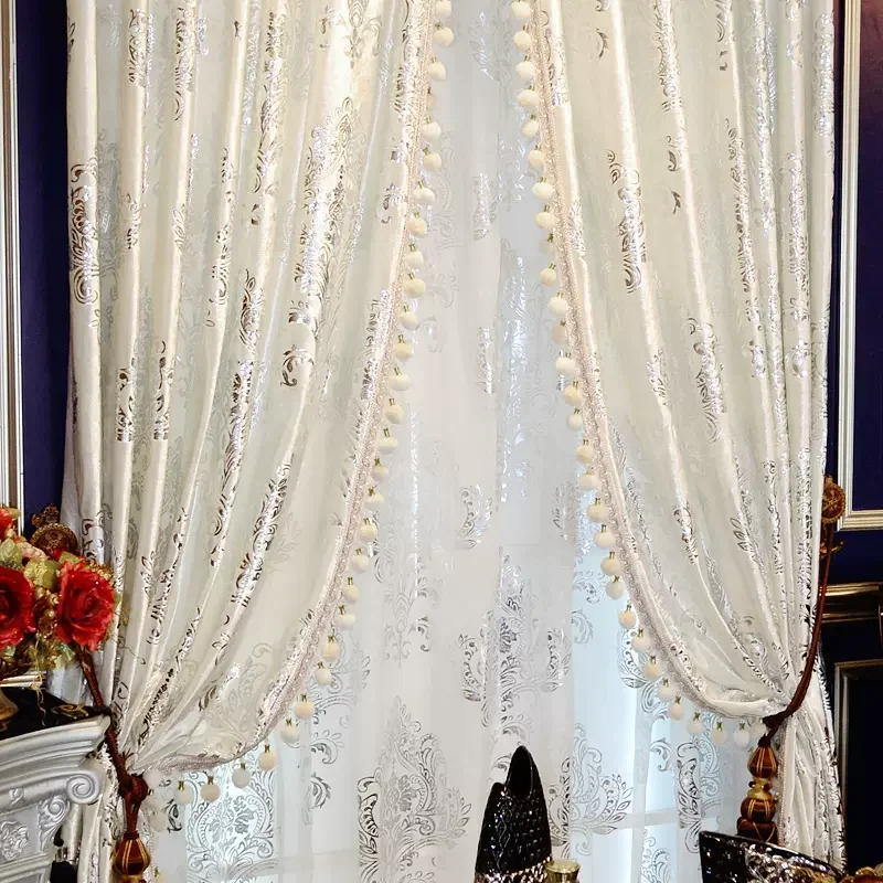 Nordic Luxury Curtain for Living Room White Silver European High Quality Velvet Bronzing Tulle Shade Home Window Door Custom Set 3