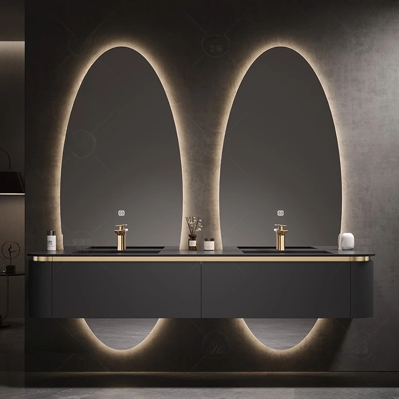 

Oak bathroom cabinet combination light luxury high-end double basin rock slab in one