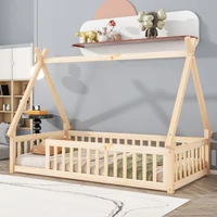 Tent-shaped Floor Bed, Bed with Guardrails, Slats,Natural 1