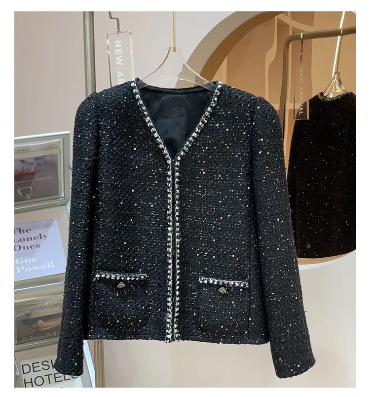 

Женское твидовое пальто, элегантное дизайнерское пальто во французском стиле с V-образным вырезом и блестками, B324, осень 2022