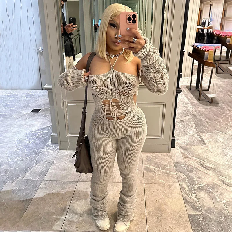 

Long sleeve jumpsuit knitted solid bodycon Women Autumn clothes Fashion casual hollow out pile up pants jumpsuit for women
