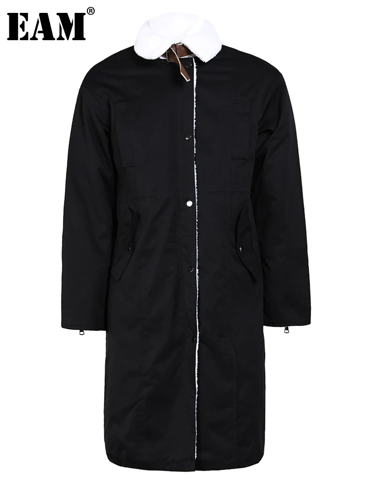 

[EAM] Black Lambswool Big Size Long Cotton-padded Coat Long Sleeve Women Parkas Fashion Tide New Autumn Winter 2024 CPG0071