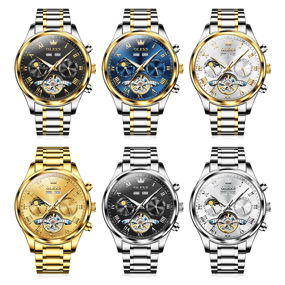 OLEVS Original Luxury Automatic Watch for Men Gold Stainless Steel Waterproof Diamond Skeleton Mechanical Wristwatch Moon Phase