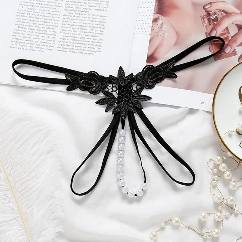 

Pearls Open Crotch Thong G-String Beading Lingerie Women Underwear Crotchless T-back Panties Lace String Underpants Calcinha