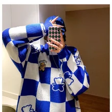 

Casual All-match Korean Checkerboard Print Autumn and Winter New Loose Simple Fashion Trend Round Neck Pullover Sweater