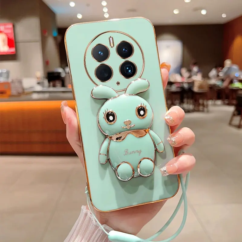 

Phone Case For Huawei Mate 50 Pro Luxury Plating Square Rabbit Holder With Landyard Phone Case Cover
