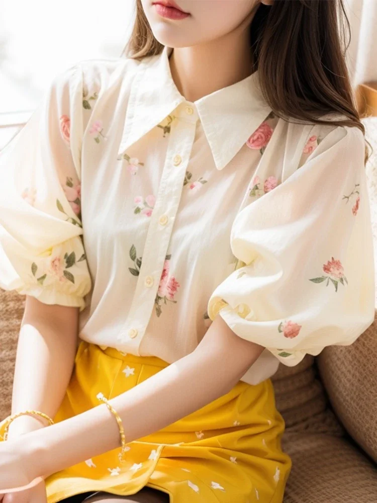Chiffon Women's Shirt Summer Prints Vintage Blouses Loose Short Sleeve Women Tops Floral Fashion Clothing 2024 Korean