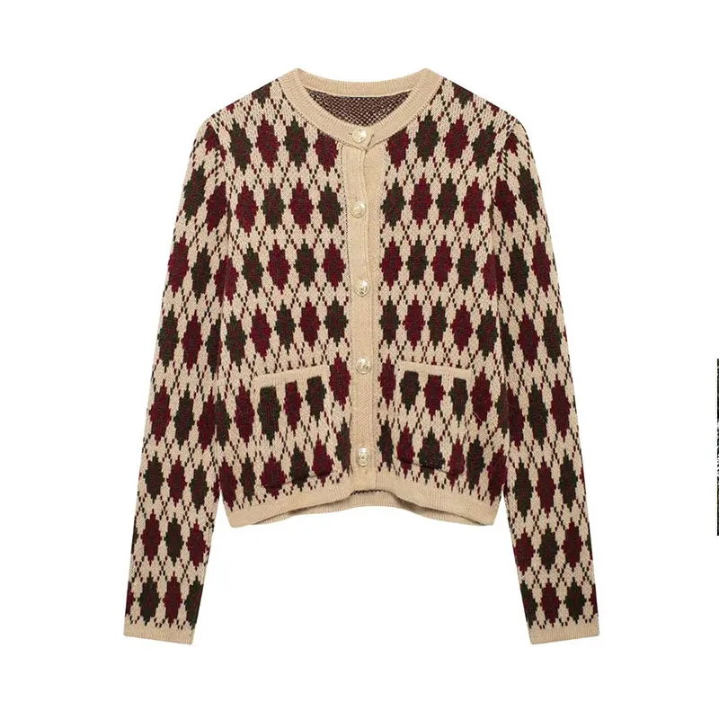 Plaid Knitted Slim Cardigan Women Autumn O-neck Long Sleeve Metal Button Short Sweater Coat Lady All-matching Knitwear New