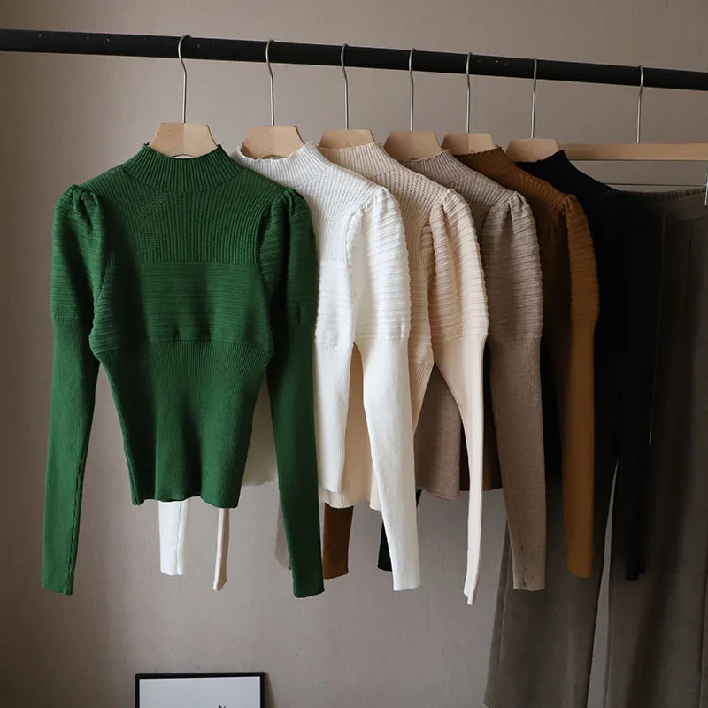 

Autumn Winter Knitted Bottoming Shirt Women Half High Neck Bubble Sleeve Pullover Top Fashion Elegent Long-Sleeved Sweater