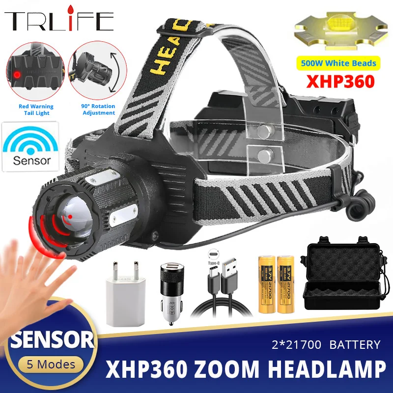 

9000000LM IR Sensor Headlight XHP360 Powerful LED Headlamp Induction USB Charging T6 Fishing Flashlight Zoom Lantern Waterproof