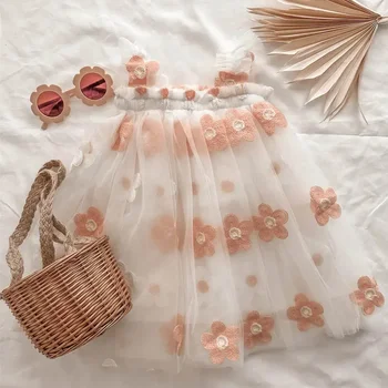 Baby Girl Tutu Dress compleanno Strap Dress Girl Clothes Summer ricamo Flower Princess Mesh Tulle Dresses Kid Party Wholesale