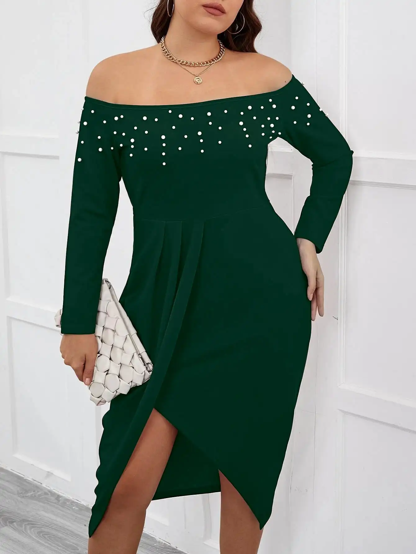 

Finjani Plus Size Women Clothing Dress One Shoulder Pearls Beaded Dress Ruched Asymmetrical Split Dresses For Women 2023