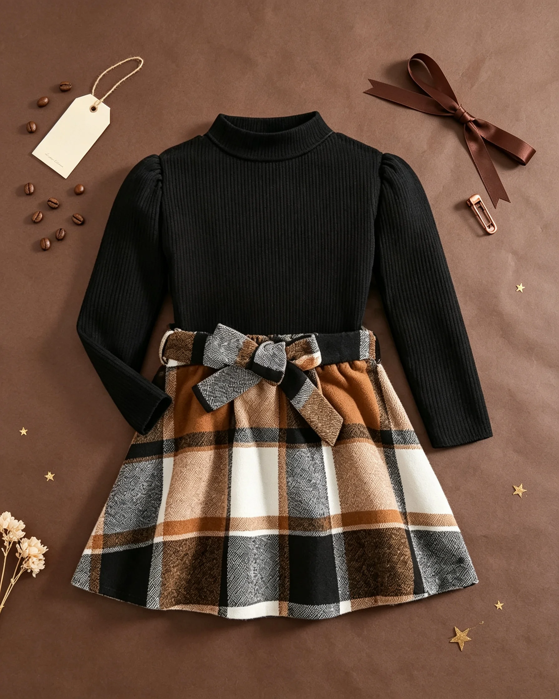 Zweiteiliges Set, langärmeliges Oberteil im Necker-Stil + karierter Rock - Frühlings- und Herbst-Outdoorkleidung, Mädchenset