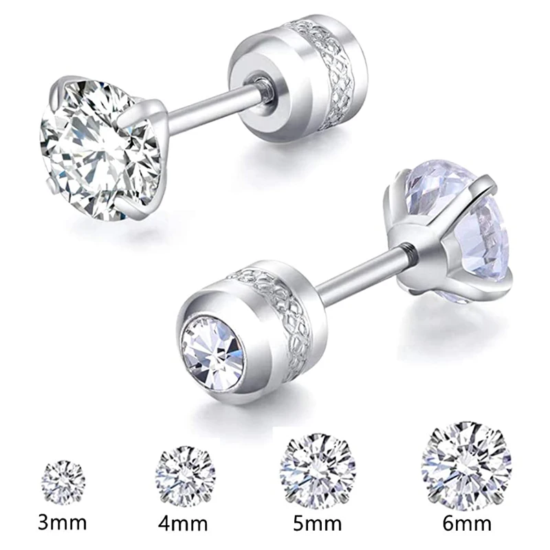 stud earrings 1 Pair 3-6mm Stud Earrings Set Hypoallergenic Double Round Cubic Zirconia Stainless Steel CZ for Girls Women