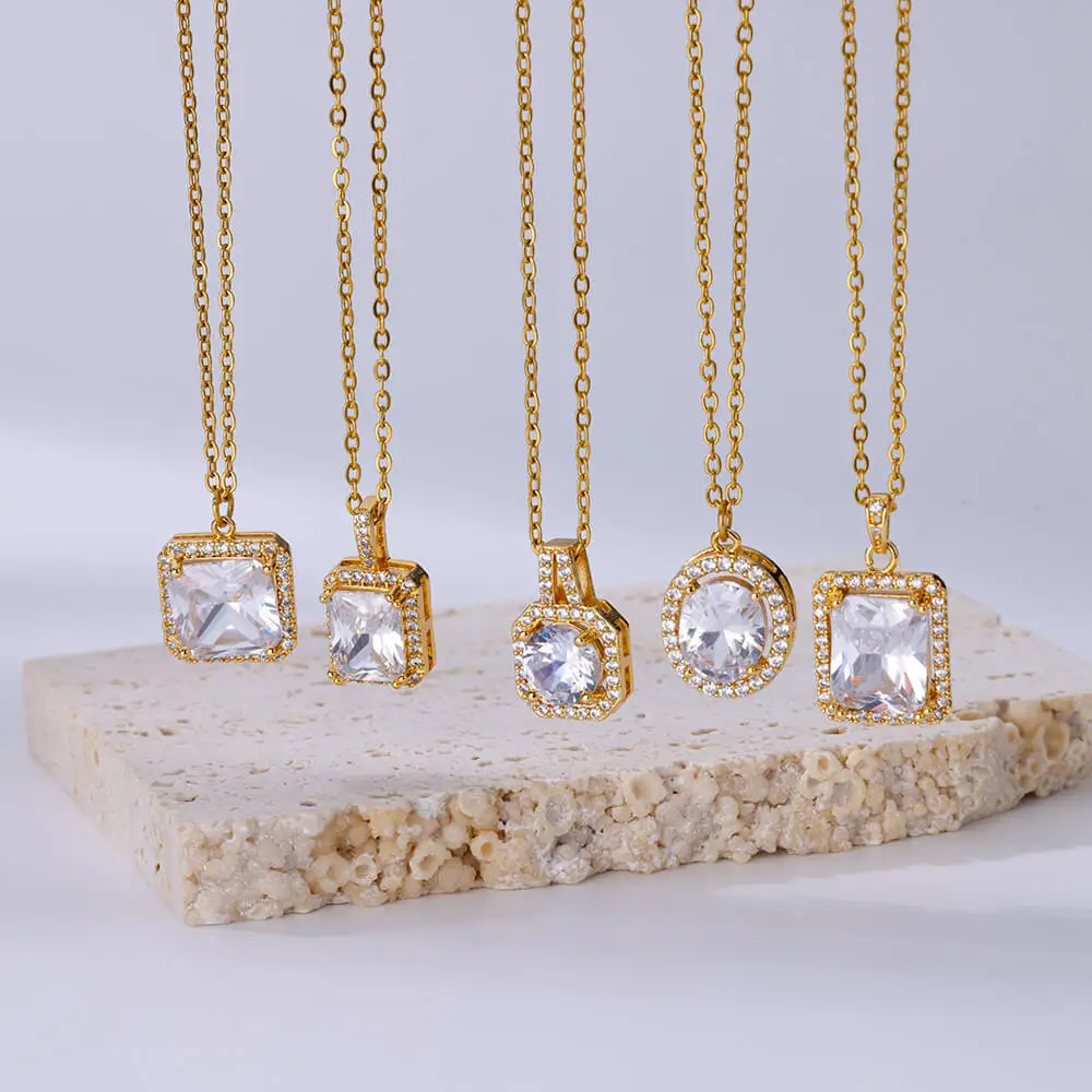 

Geometric Zircon Square Pendant Necklace For Women Stainless Steel Gold Color Chain Necklaces 2023 Trend Wedding Luxury Jewelry