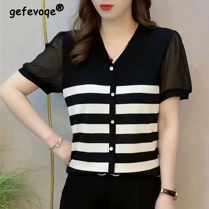 

Women's Clothing 2023 Summer Korean Style Striped Single Breasted Elegant T-shirts Female Casual V-neck Short Sleeve Loose Tops