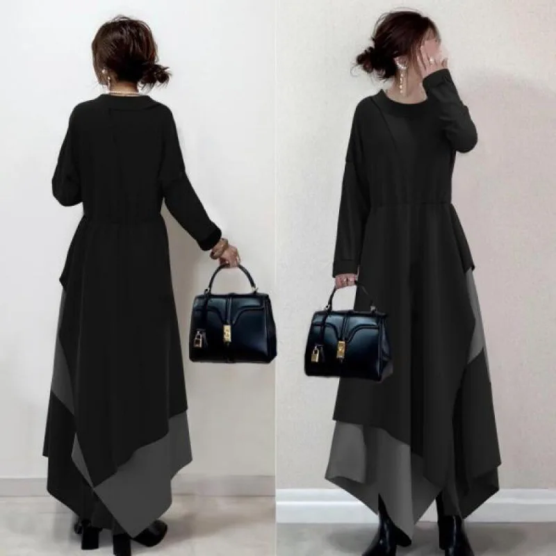 

Новинка 2023, женское повседневное приталенное платье контрастных цветов с длинным рукавом и имитацией двух частей в японском стиле на осень