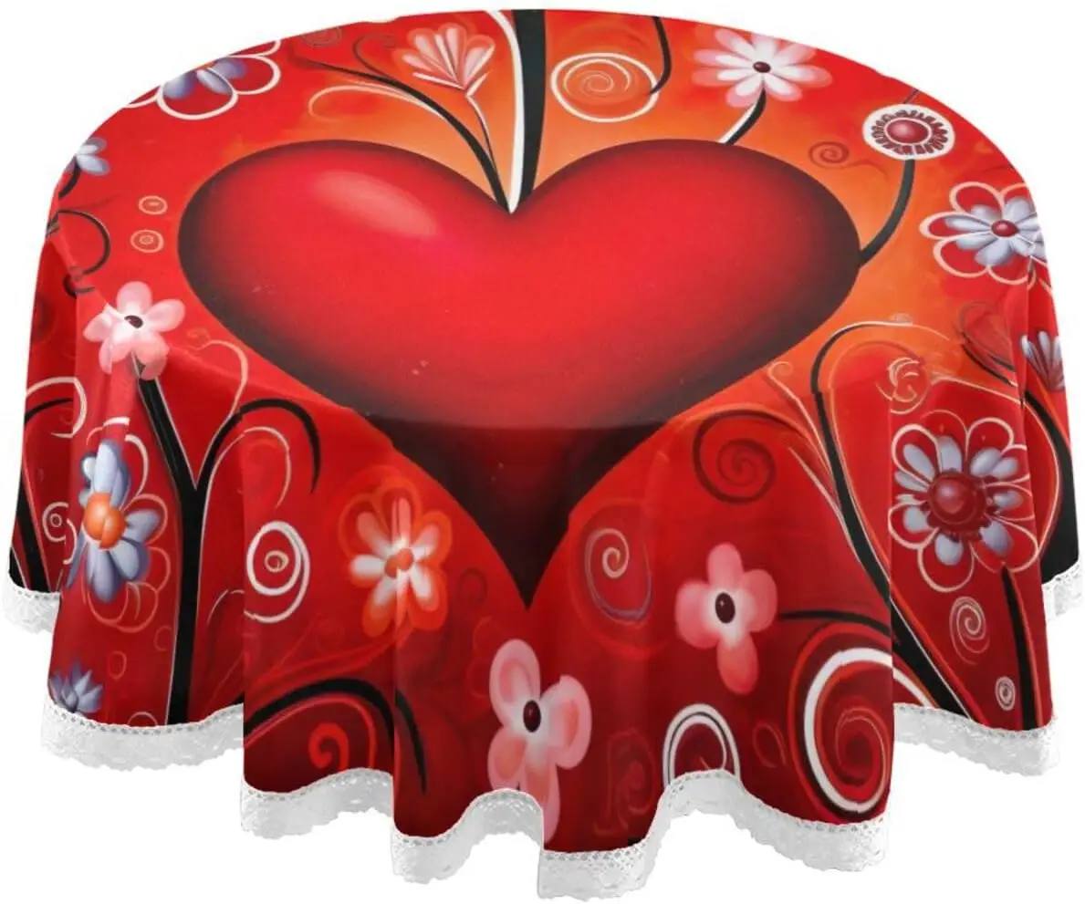 

Red Valentine's Day Heart Pattern Round Table Cloth with Lace Washable Table Cover for Holiday Picnic Dinner Diameter 60 inch