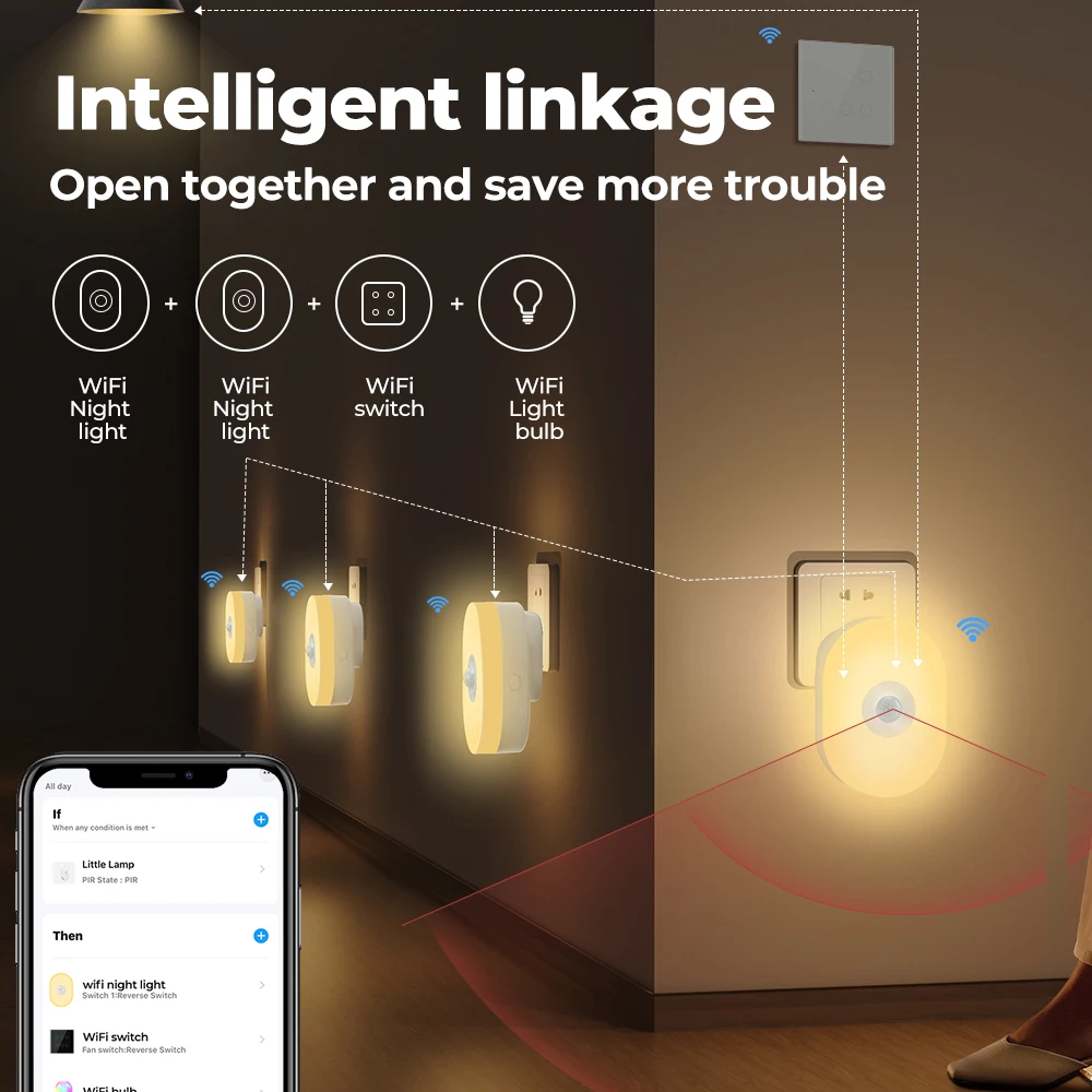 WiFi Tuya Smart LED Light PIR Motion Sensor Night Light Warm White RGB Wall Lamp EU Plug App Voice Control Work with Google Home 6