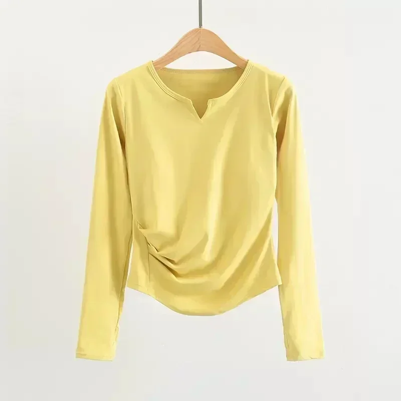 Lemon Women V Neck Slim Fit Long Sleeved Running T Shirt with Thumb Hole Sports Lightweight Shirts Hem T Shirt Tunic Pilates Top