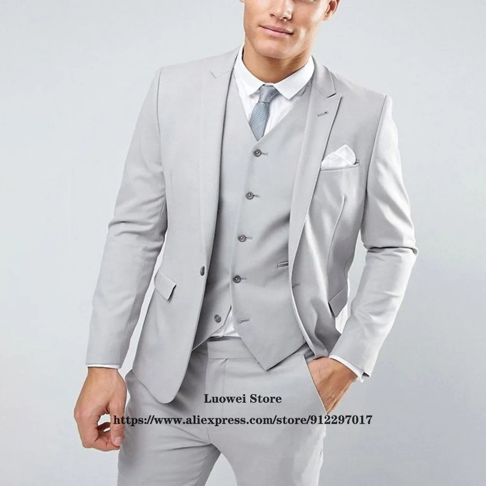Fashion Light Grey Suits For Men Slim Fit 3 Piece Jacket Vest Pants Set Groom Wedding Peaked Lapel Tuxedo Business Costume Homme