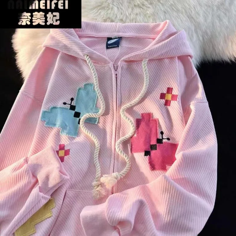 순면 일본 귀여운 나비 패치 천 스웨터 코트, Y2K 용수철 가을 가디건 스웨터, 미국 오버사이즈 코트