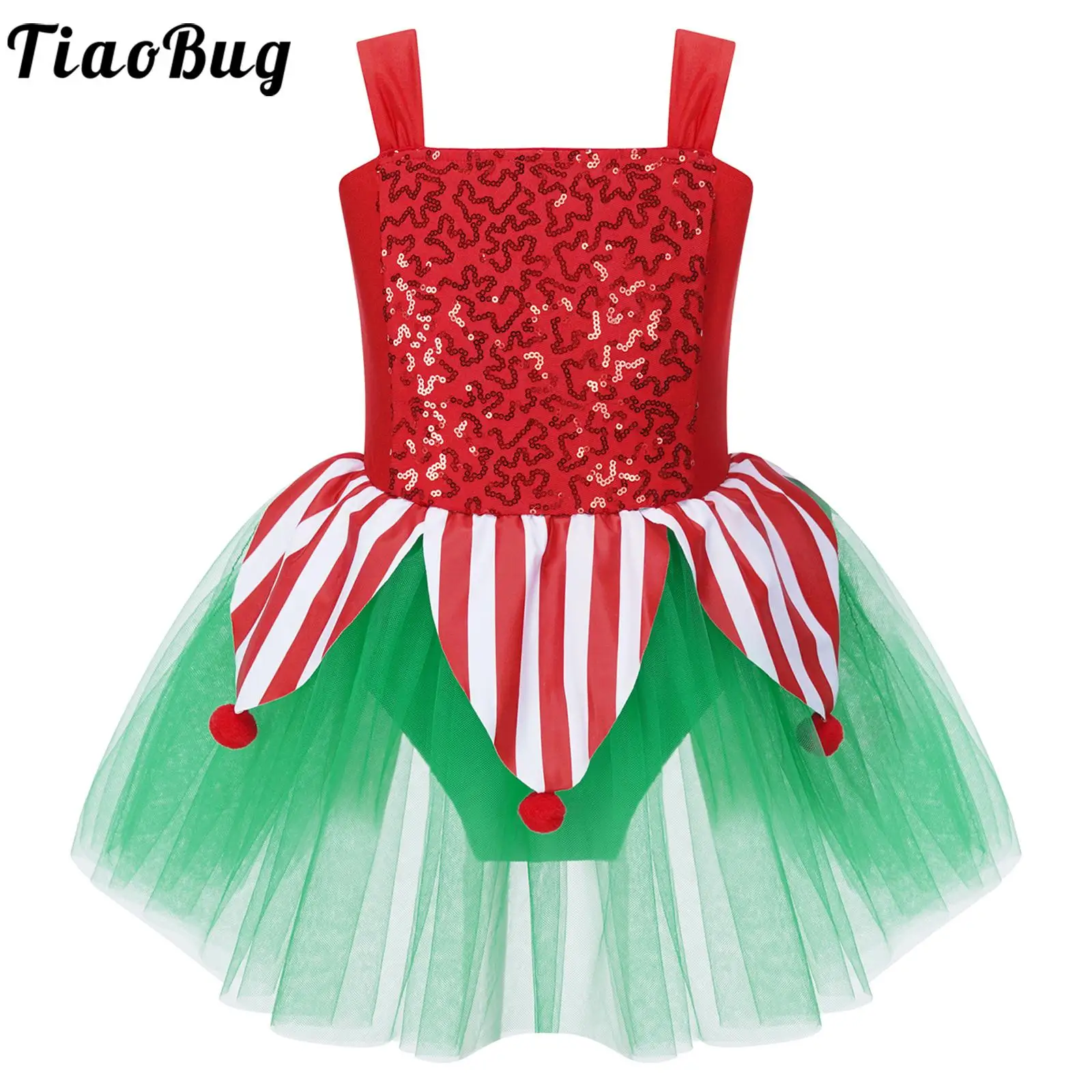 

Kids Girls Candy Cane Christmas Elf Costume Xmas Party Cosplay Sequin Striped Ballet Leotard Tutu Dress Figure Skating Dancewear