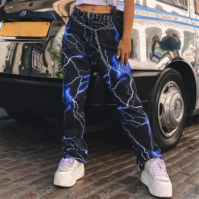 

Fashion Street Lightning Printed Wide Leg Casual Pants Spring and Autumn Slim Contrast High Waist Ladies Pants Women's Overalls