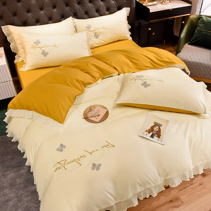 

Four-Piece Set Pure Cotton Simple Bare Sleeping Quilt Cover French Sheet Bedding Light Luxury Embroidery