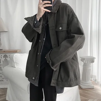 남성용 홍콩 스타일 데님 재킷, 가을 및 겨울 루즈핏 의류, 한국 버전, 트렌디 작업복, 다목적 재킷