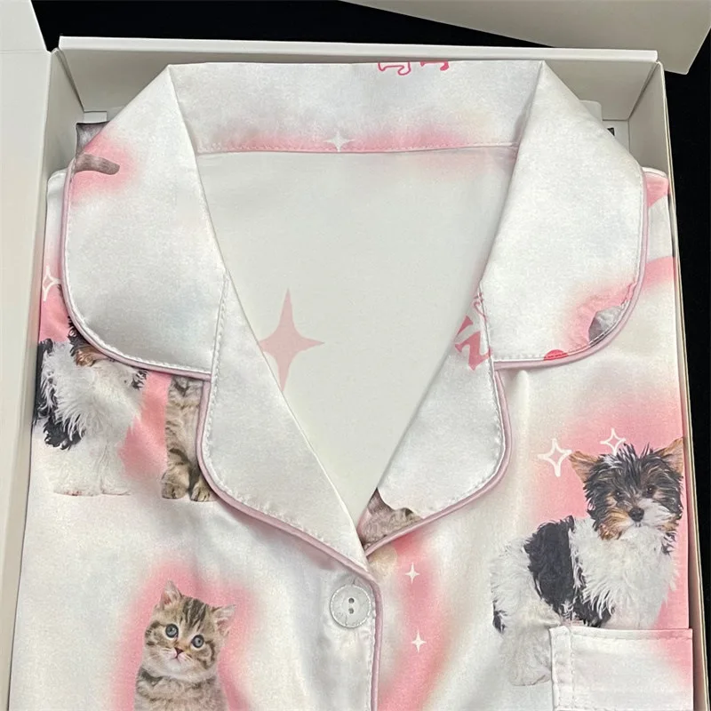 Ling Cute Cat Print Summer Girl's Pjs Ice Silk 2 Pcs Homewear Long 2Pcs Fashion Pajama New Thin Pajamas for Women Silk Home Set