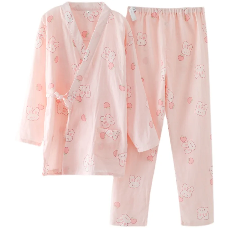 

Пижама-кимоно Женская из чистого хлопка, тонкий пижамный комплект из газовой ткани с длинным рукавом и регулируемыми брюками с пряжкой, домашний костюм свободного покроя, большие размеры, на весну