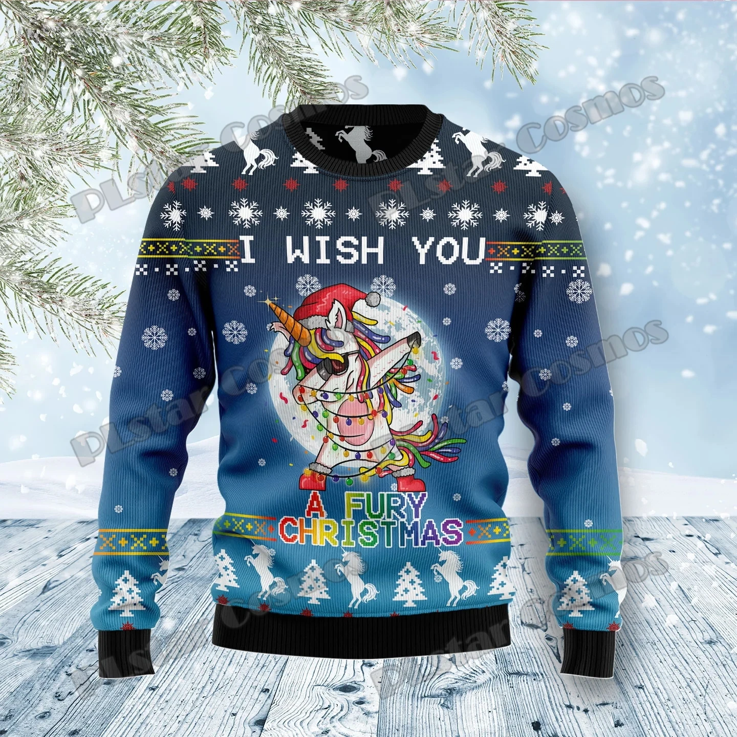 PLstar Cosmos Christmas Tree Unicorn 3D Printed Men's Ugly Christmas Sweater Winter Unisex Casual Knit Pullover Sweater ZZM33