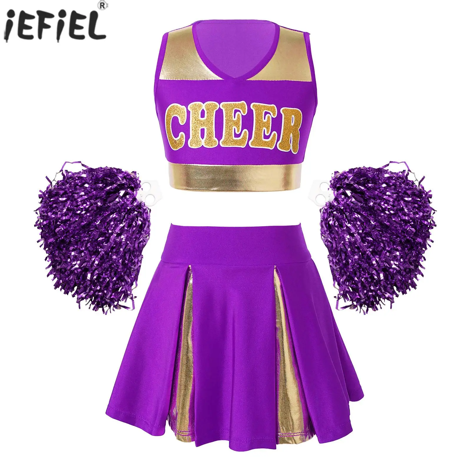Kids Girls Cheerleader Costume School Girl Cheer Uniform Outfit Sleeveless Crop Top with Pleated Skirt and 2Pcs Flower Balls Set