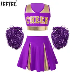 Kids Girls Cheerleader Costume School Girl Cheer Uniform Outfit Sleeveless Crop Top with Pleated Skirt and 2Pcs Flower Balls Set