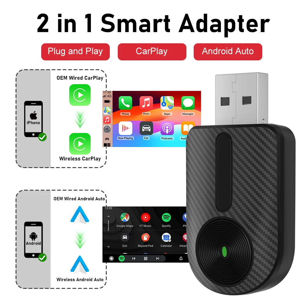 Carplay Android Auto 2 in 1 Wireless Adapter for OEM Car Stereo with USB Plug and Play Wired To Wireless