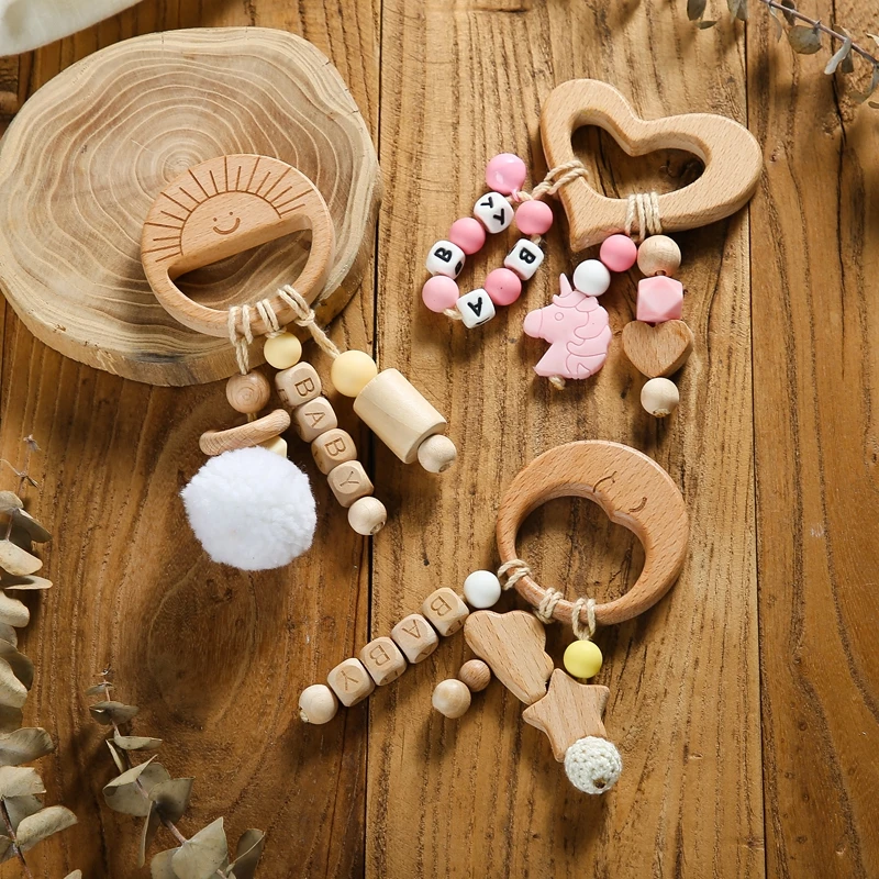 1pc Newborn Wooden Teething Rattle Toy Beech Animal Pendant Personalised Name Rattles Chew Baby Products Teethers For Baby 5