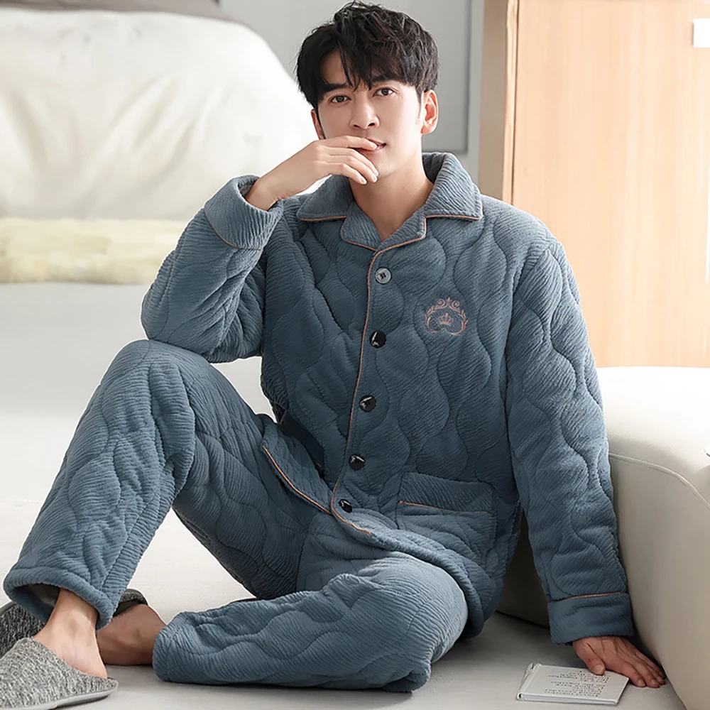 

3-layer Super Thick Warm Men Winter Flannel Pajama Luxury Solid Embroidery Sleepwear Pajamas Set Comfortable Casual pyjama homme