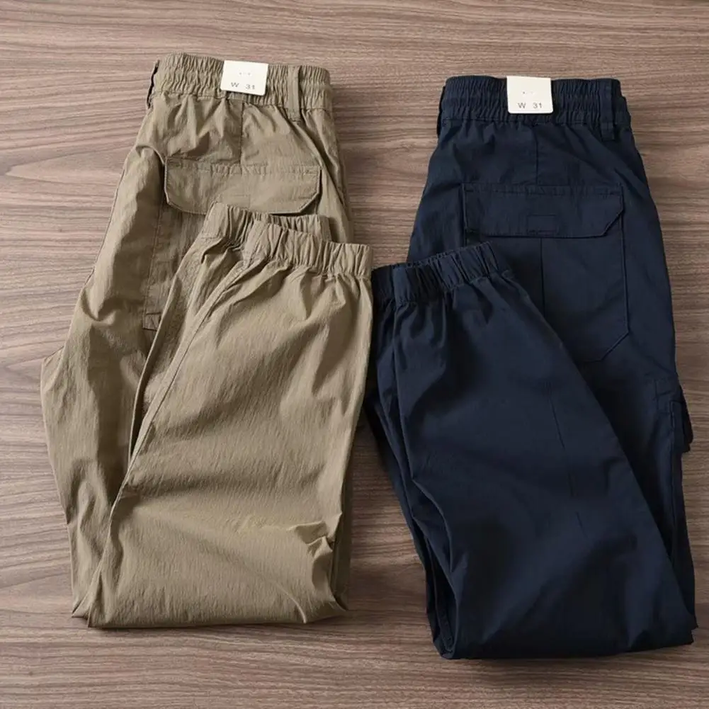 Men-Pants-Ankle-Length-Flap-Pockets-Multi-Pockets-Elastic-Waist-Summer ...