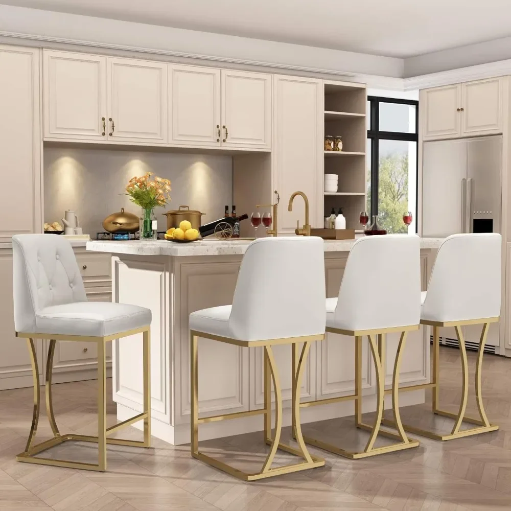 Bar Stools with Back and Gold Metal Frame Upholstered PU Leather Counter Stool Chairs for Kitchen Island Set of 4