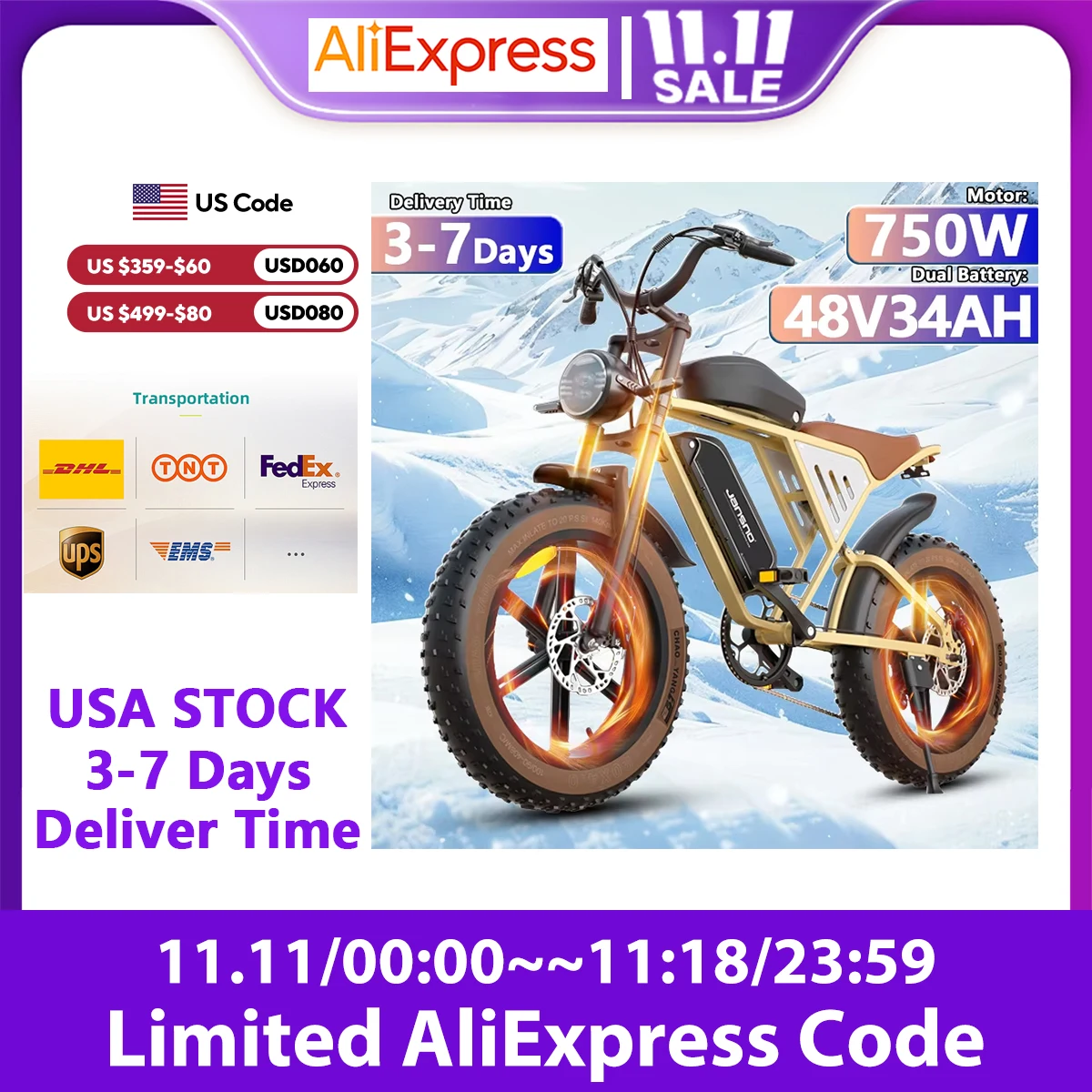 Jansno X70 E-Bike 750W Motor 48V34Ah Dual Battery Mountain Electric Bicycle 20*4.0 Inch Fat Tire Motorcycle Aldult Electric Bike