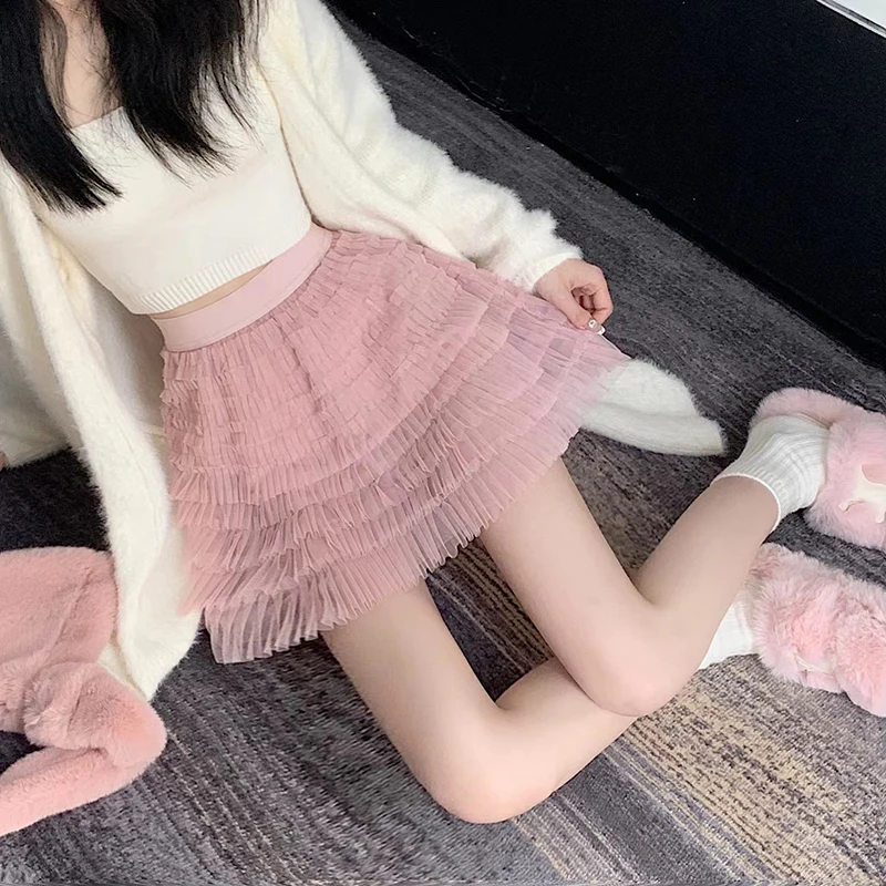 

2023 New Lace Cake Mini Skirts Gothic Japanese Harajuku Girls Pink Plaid Pleated Skirt Punk Sweet Kawaii A-Line Short Skirt